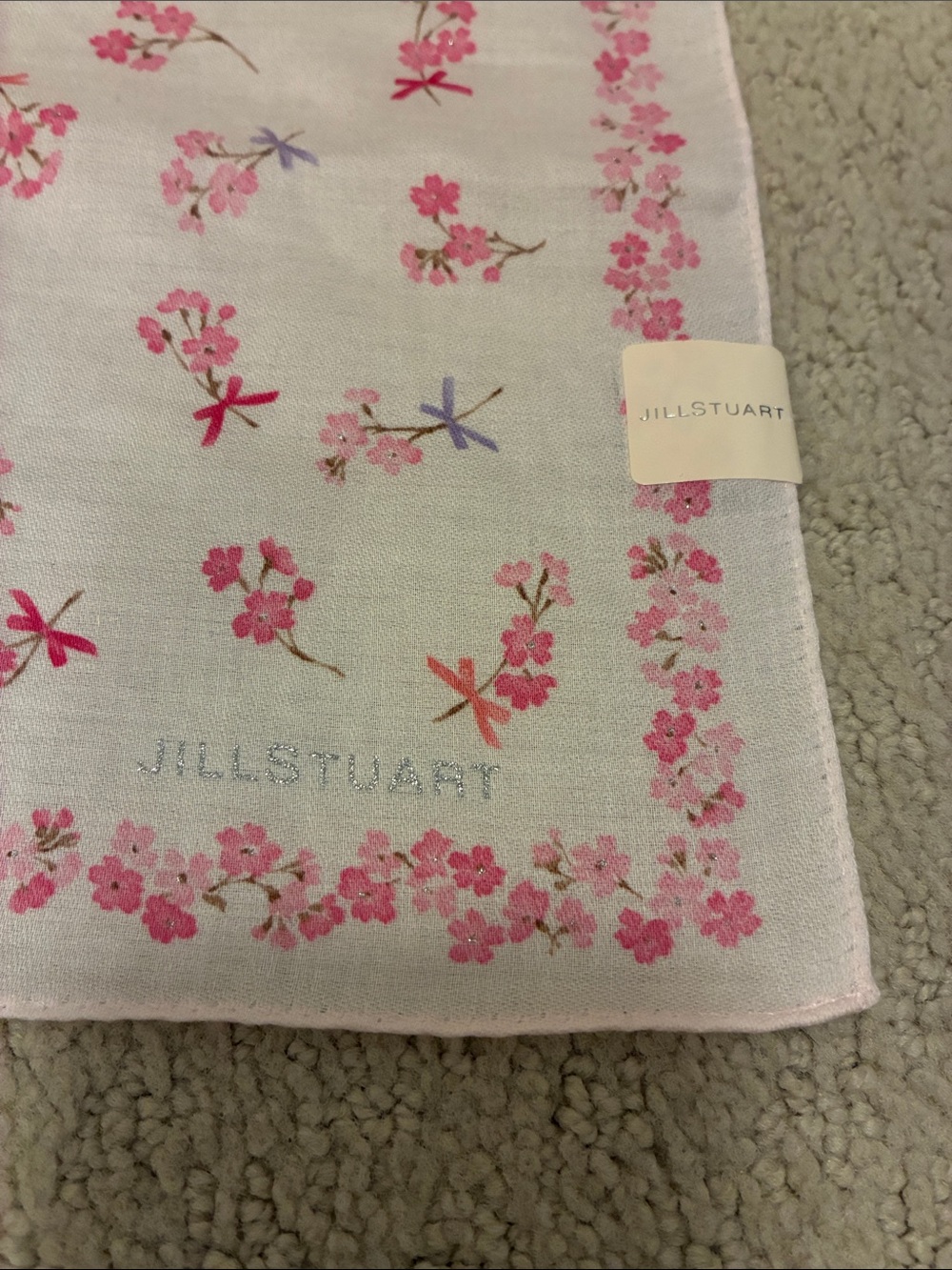 Jill Stuart Vintage Pink Cherry Blossom Glitter Cotton Handkerchief NWT Japan👝 - Picture 2 of 6